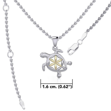 Swimming Turtle with Flower of Life Shell Silver and Gold Accent Pendant and Chain Set MSE973 - Jewelry